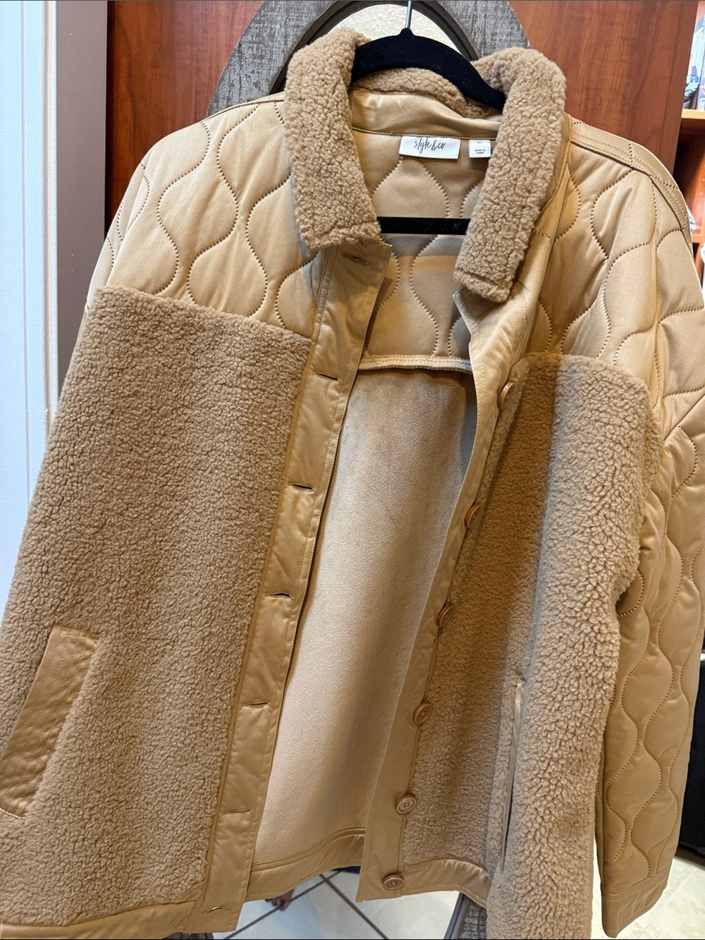 Style & Co. Quilted and Sherpa Panel Beige Jacket